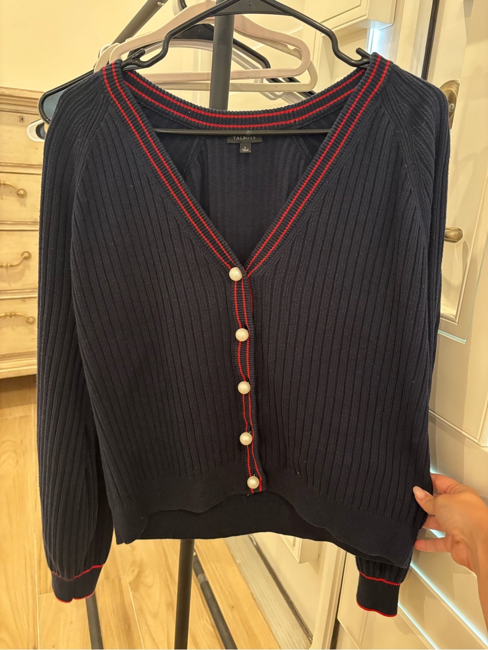 Talbots Navy Ribbed V-Neck Cardigan with Red Trim